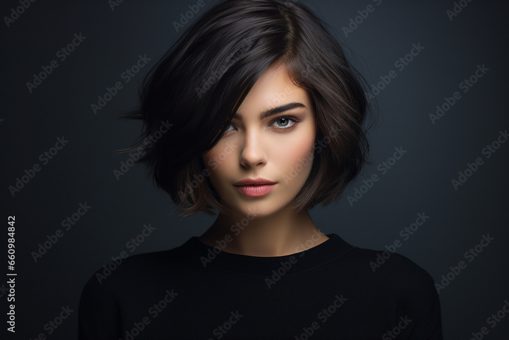 Generative AI picture of beautiful woman fashion model black hairstyle blue eyes Generative AI picture of beautiful woman fashion model black hairstyle blue eyes