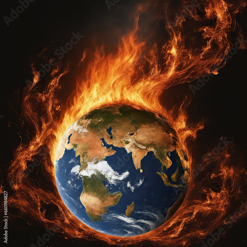 burning earth in fire, global warming concept
