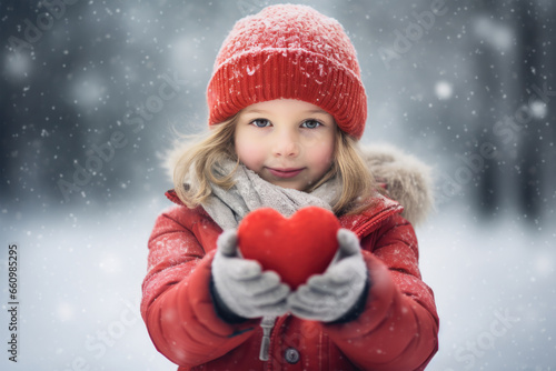 Cute little girl holding a red heart in her hands. Concept of charity, kindness, love, heart health photo