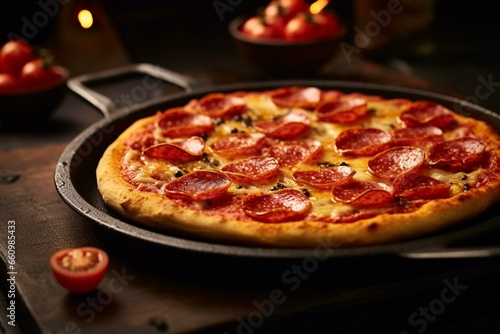Pepperoni pizza on pan with wooden table top and black frame. Generative AI