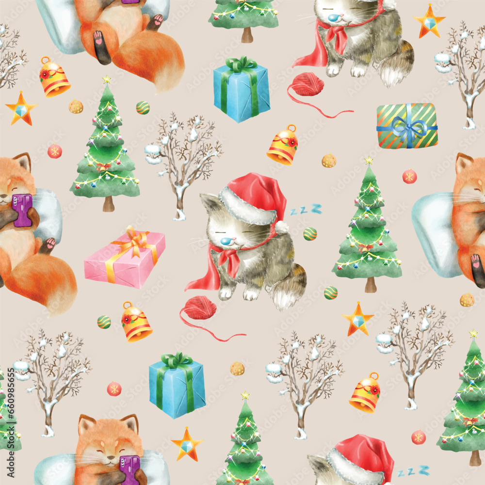 cute christmas scene with winter town and characters watercolor seamless pattern