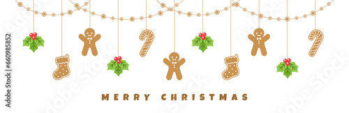 Merry Christmas Border Banner, Hanging Gingerbread Cookies and Mistletoe Garland. Winter Holiday Season Header Decoration. Biscuits in Festive Shapes Template. Vector illustration.