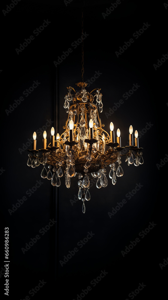 Old vintage luxury chandelier on dark background. AI generative - obrazy, fototapety, plakaty 