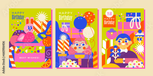3 birthday templates, A4 size. Candies, cute animals, balloons, a boy and a girl congratulating on the holiday and a huge cake. For children's parties, invitations, greetings, cards and much more