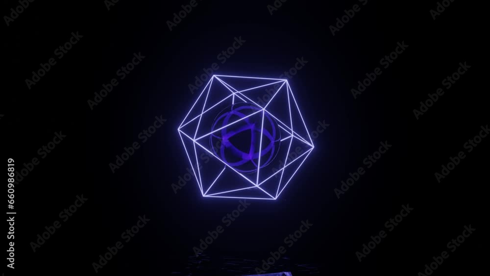 Neon glowing cage with mirror sphere inside rotates in a dark space with reflections on the floor. Realistic 3d design concept with geometric shapes Neon glowing cage with mirror sphere inside rotates in a dark space with reflections on the floor. Realistic 3d design concept with geometric shapes