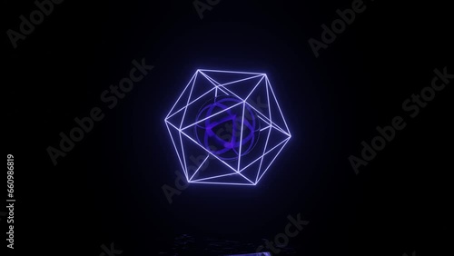 Neon glowing cage with mirror sphere inside rotates in a dark space with reflections on the floor. Realistic 3d design concept with geometric shapes (ID: 660986819)