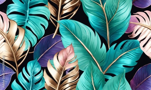 Shiny tropical leaves pastel colored in turquoise  mint  purple  pink rose  gold  blue. Watercolor 3d illustration  luxury wallpaper  premium high quality seamless mural  pattern. Generative AI