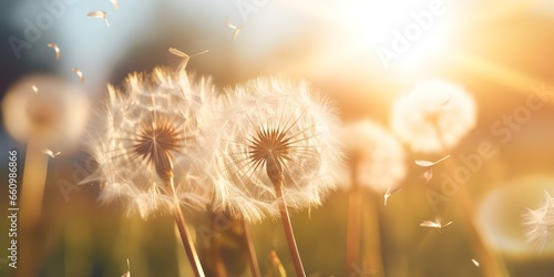 Dandelion in a field. summer background with bokeh effects. vintage filter. small depth of field  Dandelions in a field with the sun shining on them  GENERATIVE AI  