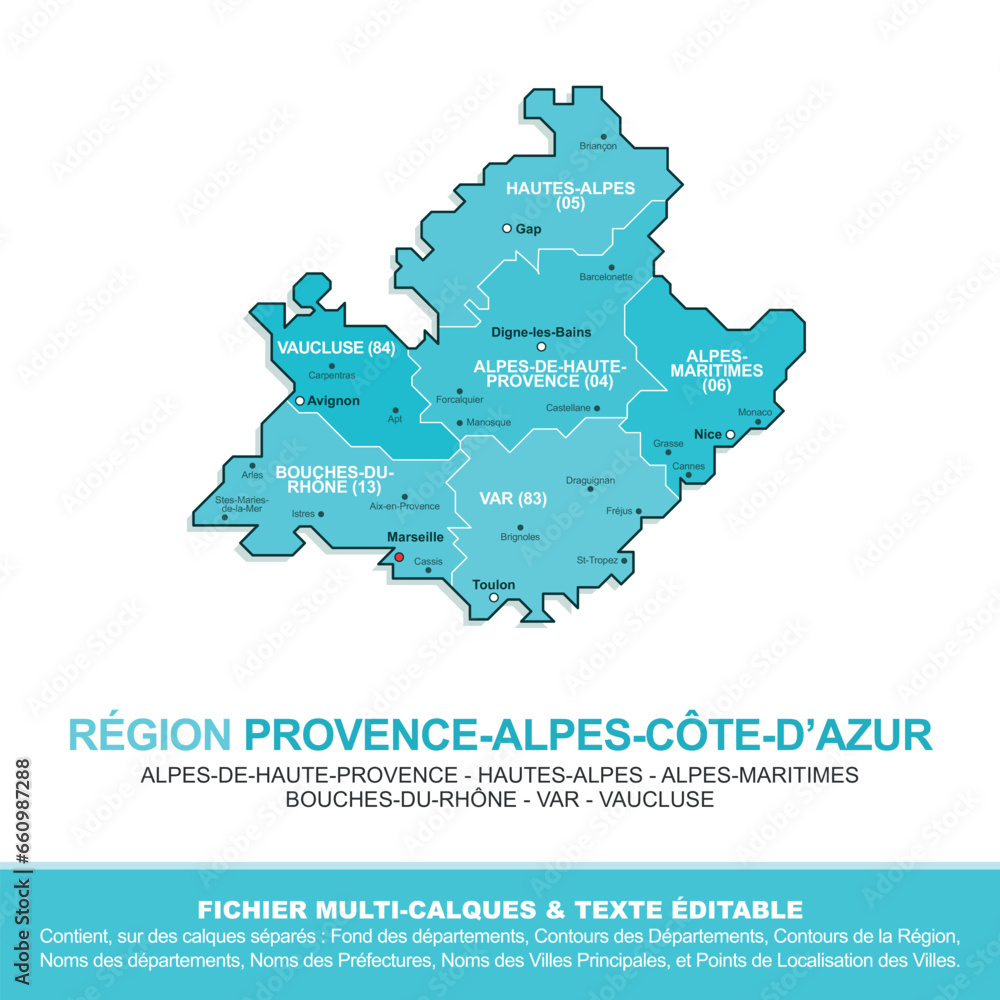 Carte de la région Provence-Alpes-Côte-d'Azur, ses départements et ses villes - obrazy, fototapety, plakaty 