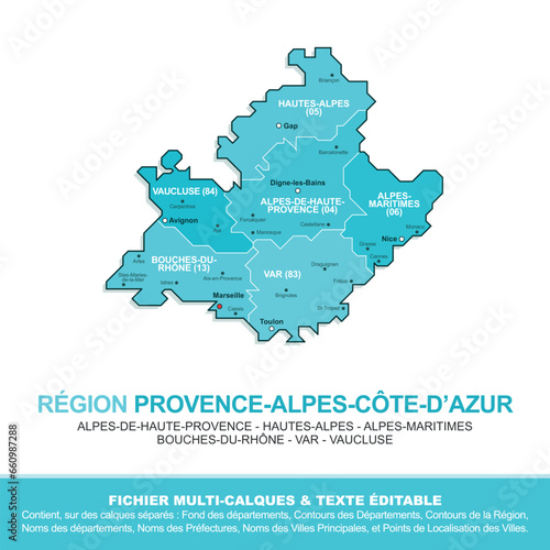 Carte de la région Provence-Alpes-Côte-d'Azur, ses départements et ses villes © JeromeCronenberger