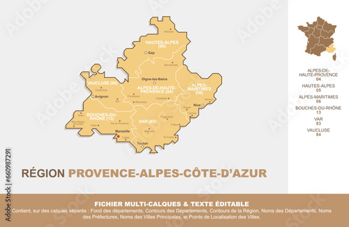 Carte de la région Provence-Alpes-Côte-d'Azur, ses départements et ses villes