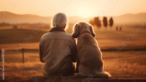 Cute senior elderly couple with loyal dog. Bond of lifelong love and companionship they share. Aged happy pet symbolizes the important aspects of life loyalty, love, and togetherness.