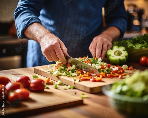 Close-up of hands chopping fresh vegetables on a wooden cutting board in a kitchen