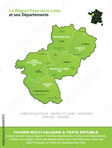 Carte de la région Pays de la Loire, ses départements et ses villes