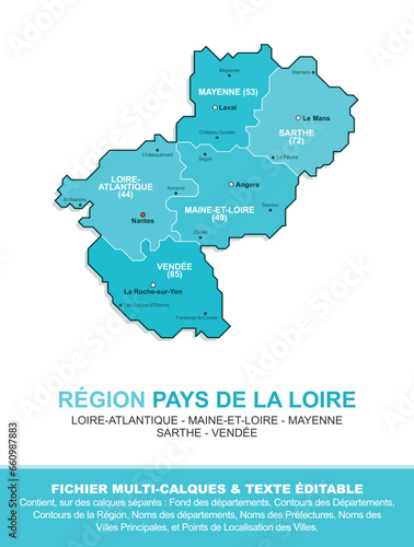 Carte de la région Pays de la Loire, ses départements et ses villes © JeromeCronenberger