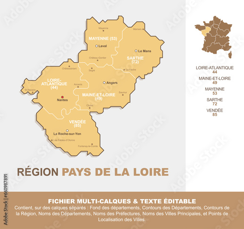 Carte de la région Pays de la Loire, ses départements et ses villes