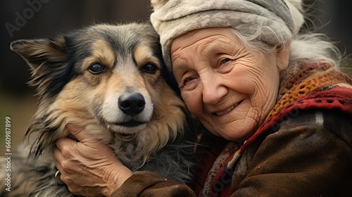 Elderly woman joyful moment with her pet dog. Bond with lifelong companionship, loyalty, and genuine love. The womans happiness is evident in her warm smile, reflecting the true essence of dog love.