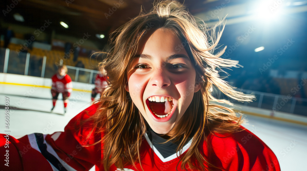 Exciting triumphal woman celebrating a hockey goal on an ice rink. - obrazy, fototapety, plakaty 