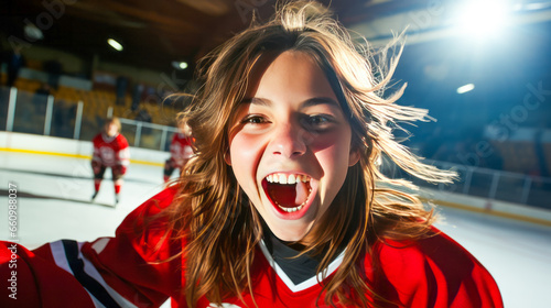 Exciting triumphal woman celebrating a hockey goal on an ice rink.