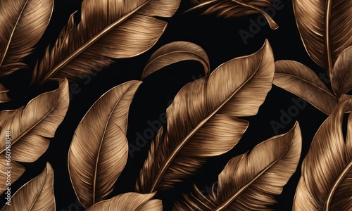 Grunge bronze banana leaves, palm. Tropical exotic seamless pattern. Hand-drawn dark vintage 3D illustration. Nature abstract background. for luxury wallpapers, cloth, fabric printing, Generative AI photo