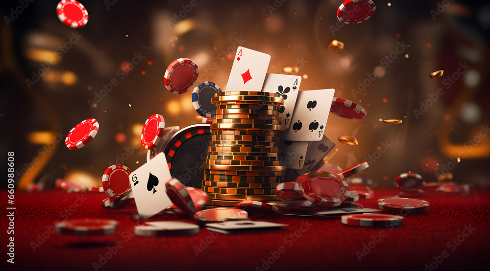 Poker chips, Casino cards game, gambling concept banner, playing cards, casino chips, online money games, entertainment leisure concept, concept casino jackpot, playing cards in on blurry background - obrazy, fototapety, plakaty 