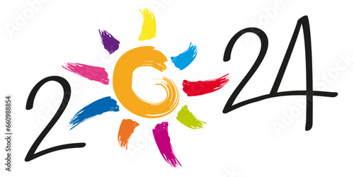 Greeting card on the concept of hope and optimism for the year 2024, with the symbol of a multi-colored sun rays.