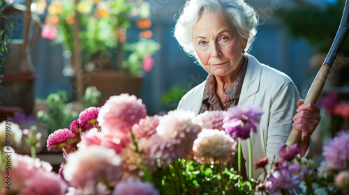 Defiant elderly woman gardening among blooming flowers, showing contentment and simplicity. photo
