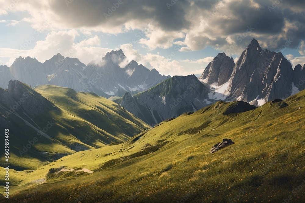 Breathtaking landscape: grand peaks and vast skies in panoramic sight. Generative AI