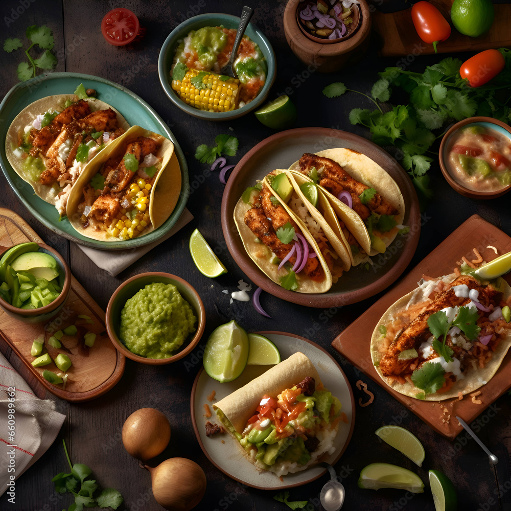 Mexican tacos with chicken- corn- avocado and guacamole