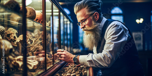 Engrossing spectacle of bearded man with glasses studying rare medical specimen in a museum. photo