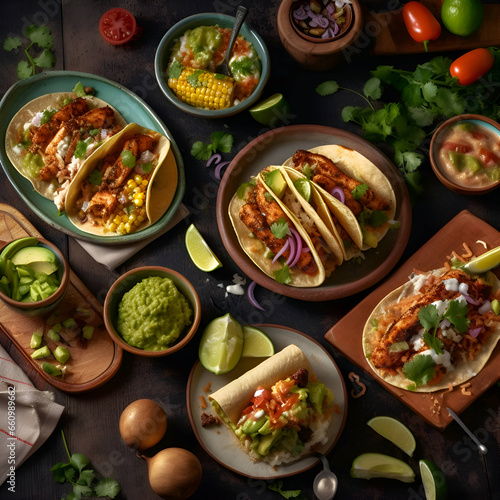 Mexican tacos with chicken- corn- avocado and guacamole