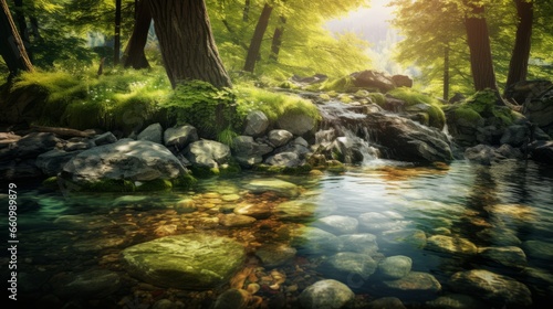 Photo of a peaceful stream flowing through a vibrant green forest