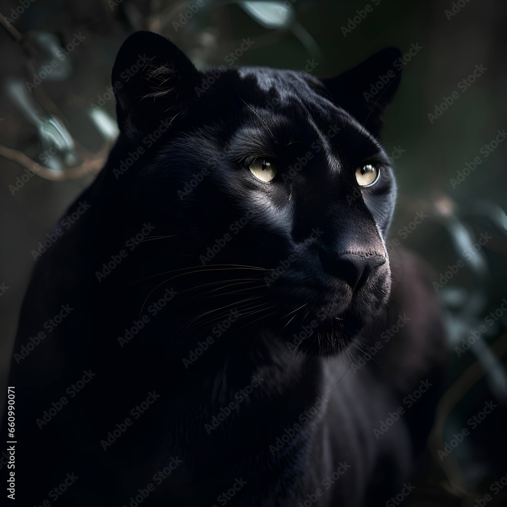 Portrait of a beautiful black panther on a dark background.