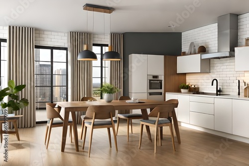 modern dining room with kitchen