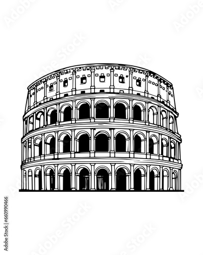 Drawing sketch illustration of the Colosseum, the ancient Roman arena, the most symbolic landmark of Rome, Italy.
