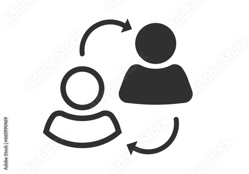 Exchange user icon pictogram simple graphic, person turnover swap staff vector glyph symbol, leader replace switch transfer illustration, succession change people shift arrow silhouette image