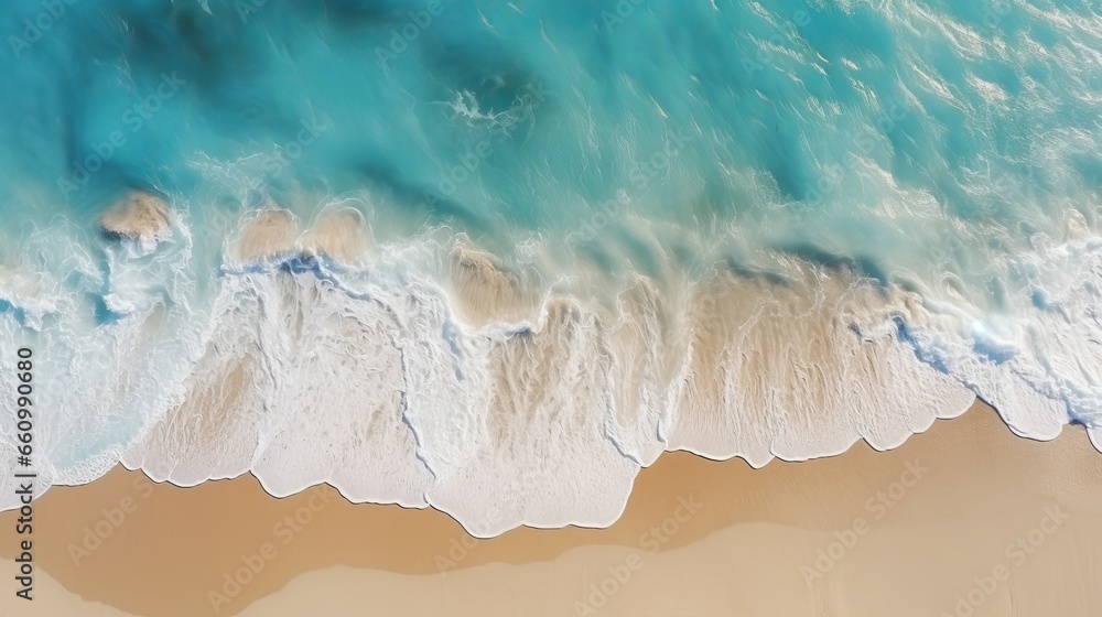 A bird's-eye view of the beach and rolling waves, presenting a captivating turquoise water backdrop. This aerial perspective offers a summer seascape, taken from a drone.