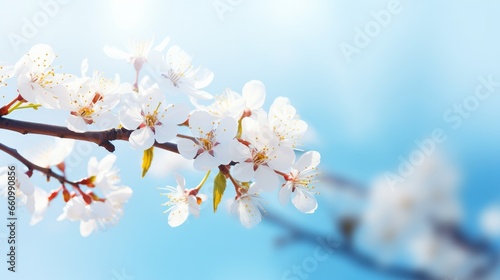 Close-up of cherry tree branches in full bloom, featuring soft focus against a gentle, light blue sky bathed in sunlight, and providing ample space for additional content. This captivating image