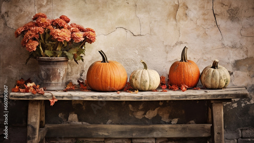 Autumn pumpkins and flowers in the rustic style