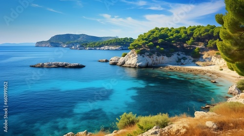 Vibrant springtime panorama of Cameo Island. Scenic sunrise over Port Sostis, located on the picturesque Zakynthos island in Europe. A celebration of the beauty of nature