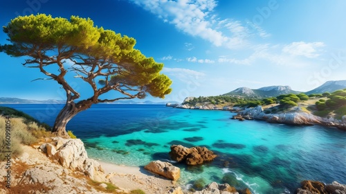 Vibrant springtime panorama of Cameo Island. Scenic sunrise over Port Sostis, located on the picturesque Zakynthos island in Europe. A celebration of the beauty of nature
