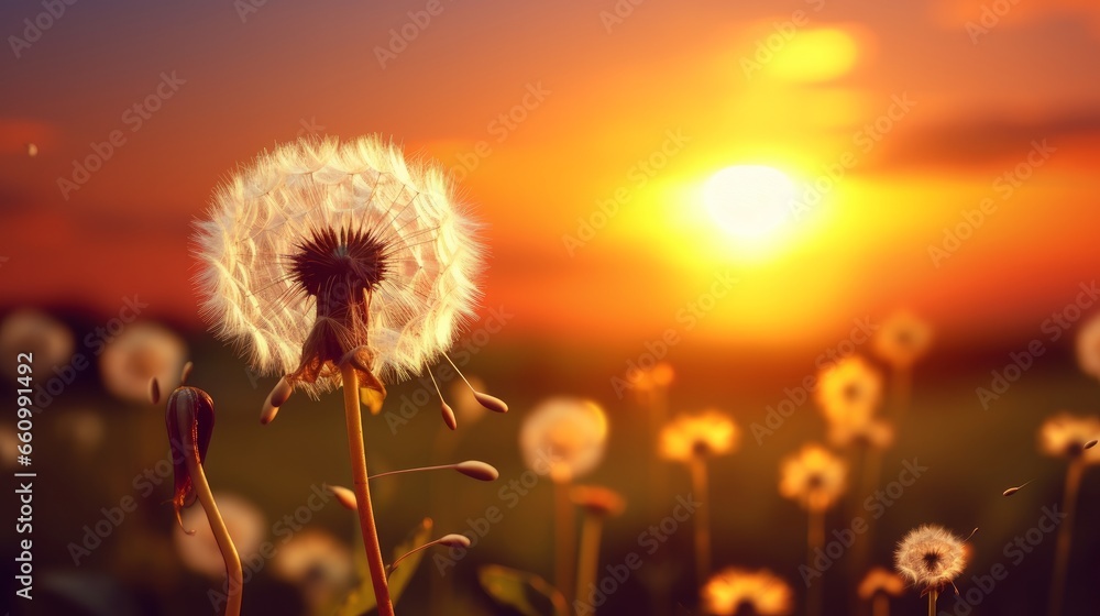A dandelion set against the backdrop of the setting sun, blending elements of nature and floral botany