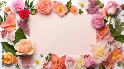 An artistic arrangement composed of blossoms and foliage paired with a paper note card, presented in a flat lay style. Emphasizing the essence of the natural world