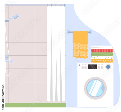 Bathroom design interior with shower and washing machine