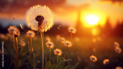 A dandelion set against the backdrop of the setting sun  blending elements of nature and floral botany