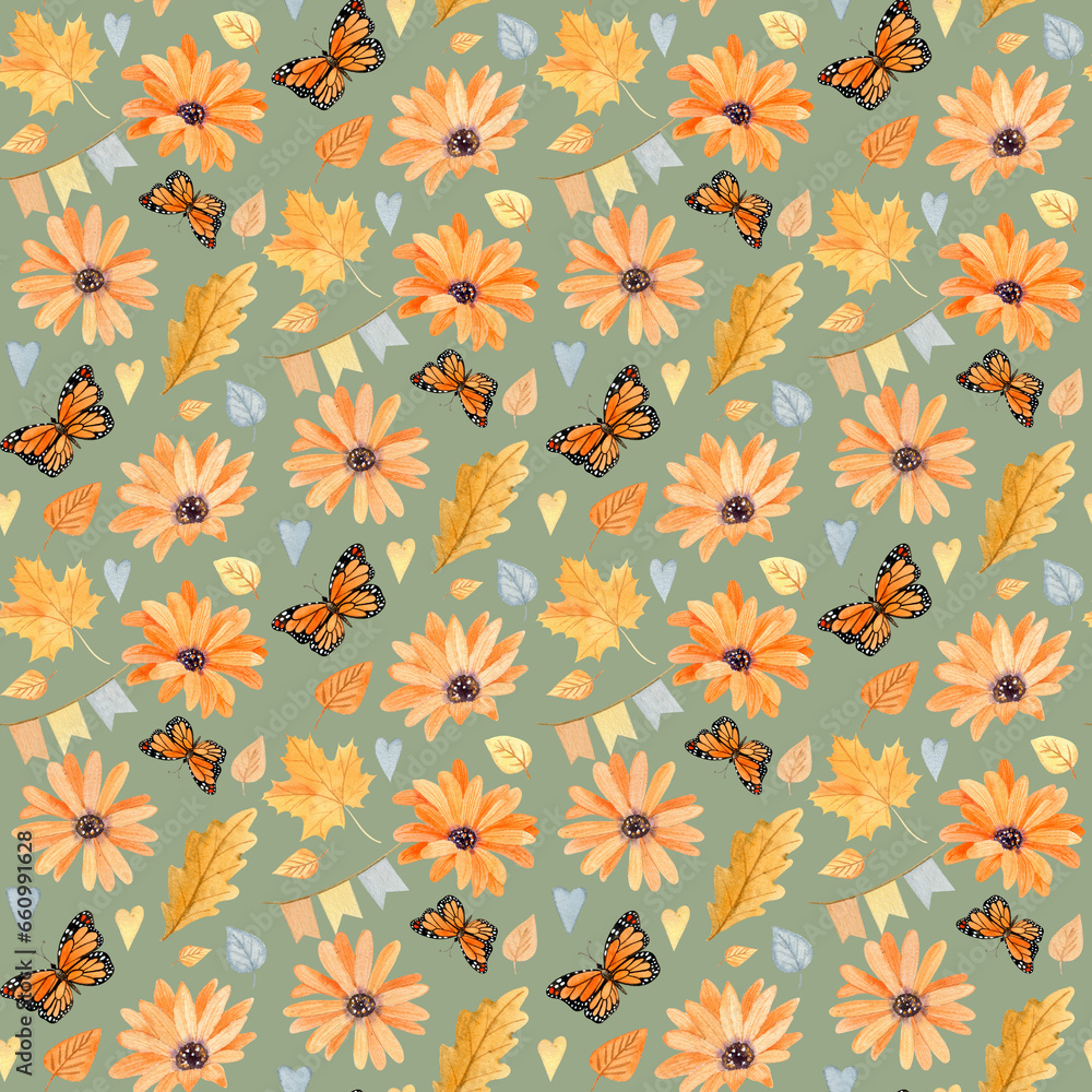 Watercolor autumn seamless pattern with handdrawn orange flowers, fall leaves, flags, butterflies for autumn decoration