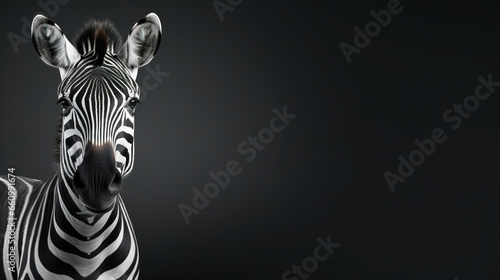 Front view of on black background. Wild animals zebra banner with copy space