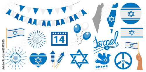 Israel flag, symbol, badges set .Pray for Israel war collection flat style. Design for humanity, peace, donations, charity and anti-war. Vector illustration