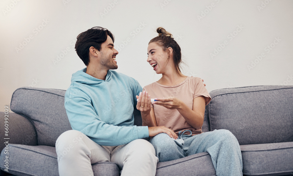 Pregnancy test, happy and couple in home living room, reading good news or check results. Kit, excited man and pregnant woman or mother smile on sofa for success, future maternity or ivf fertility Pregnancy test, happy and couple in home living room, reading good news or check results. Kit, excited man and pregnant woman or mother smile on sofa for success, future maternity or ivf fertility