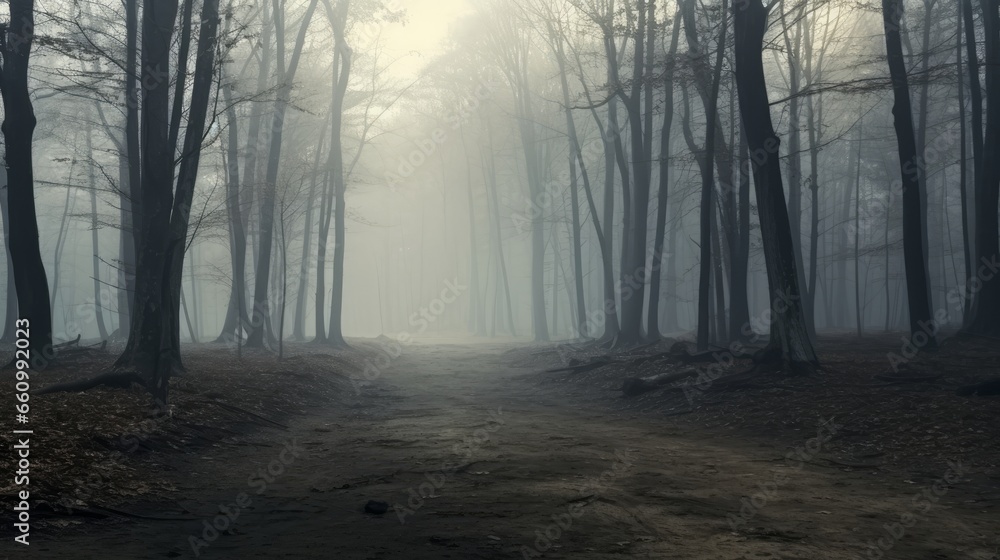 Naklejka premium A panoramic view of a mist-shrouded forest, evoking the enchanting ambiance of a spooky, fairy tale-like woodland on a foggy day. This scene captures the chilling atmosphere of a foggy morning
